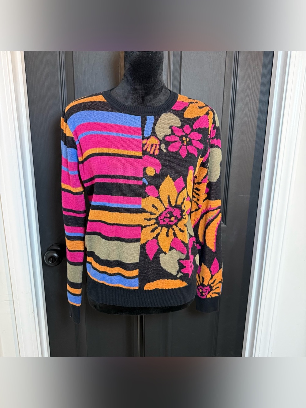 Fate Black Crewneck Sweater with Pink, Orange, Blue & Cream Floral Stripes